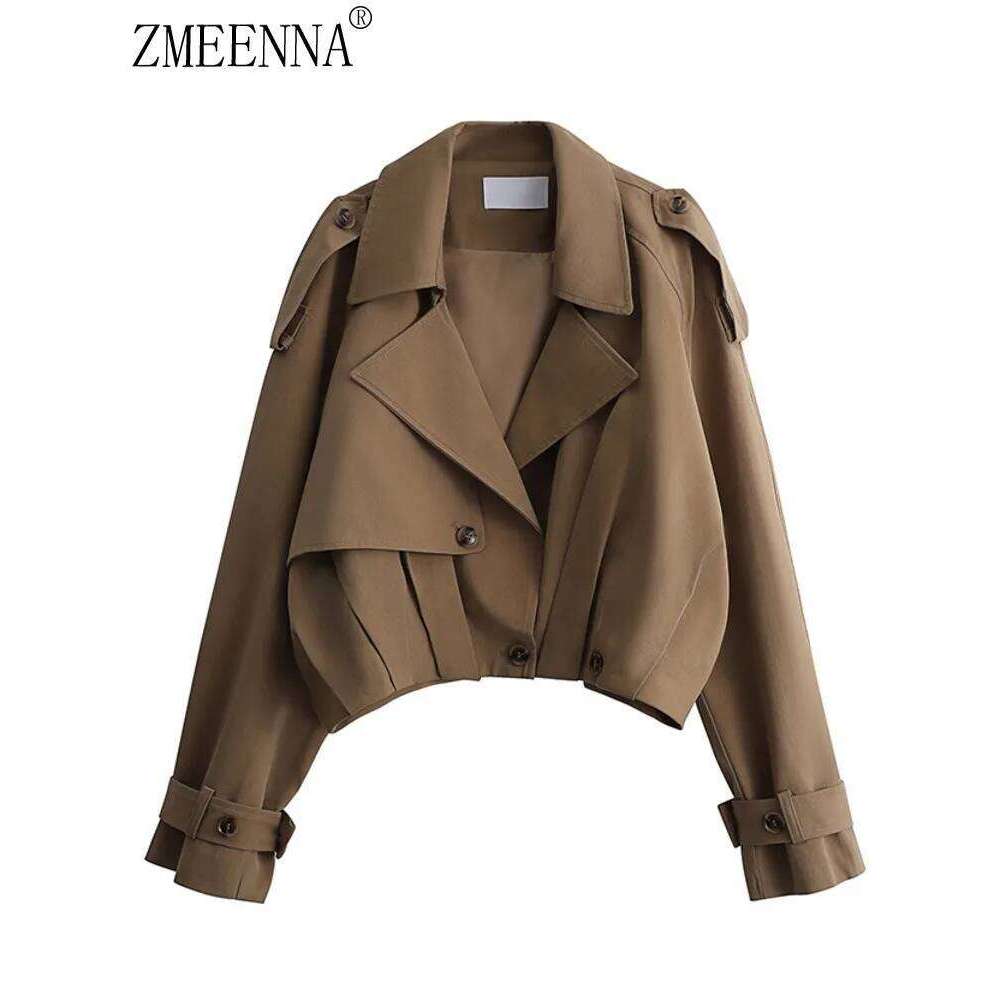 ZMEENNA Women's Stylish Cropped Trench Coat 2025 Fashion Short Jacket With Lapel Collar And Belted Cuffs For Spring Zm1086