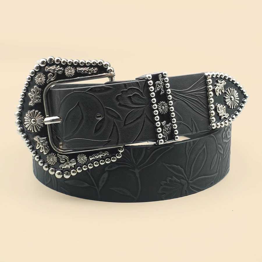 Elegant Vintage Western Womens Belt - Fashionable Black Carved Buckle with Delicate Print Classic Casual Decoration XJ250801