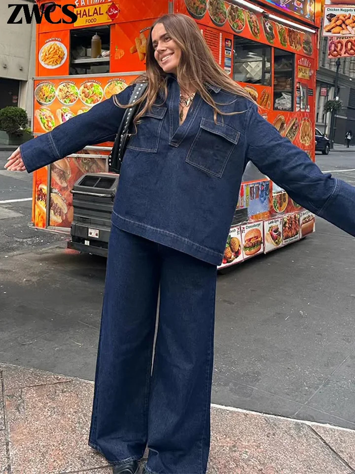Fashion Denim Jacket Jeans Set Women Casual Lapel V-neck Full Sleeve Coats Wide Leg Trousers Ladies High Street Outfits 250725