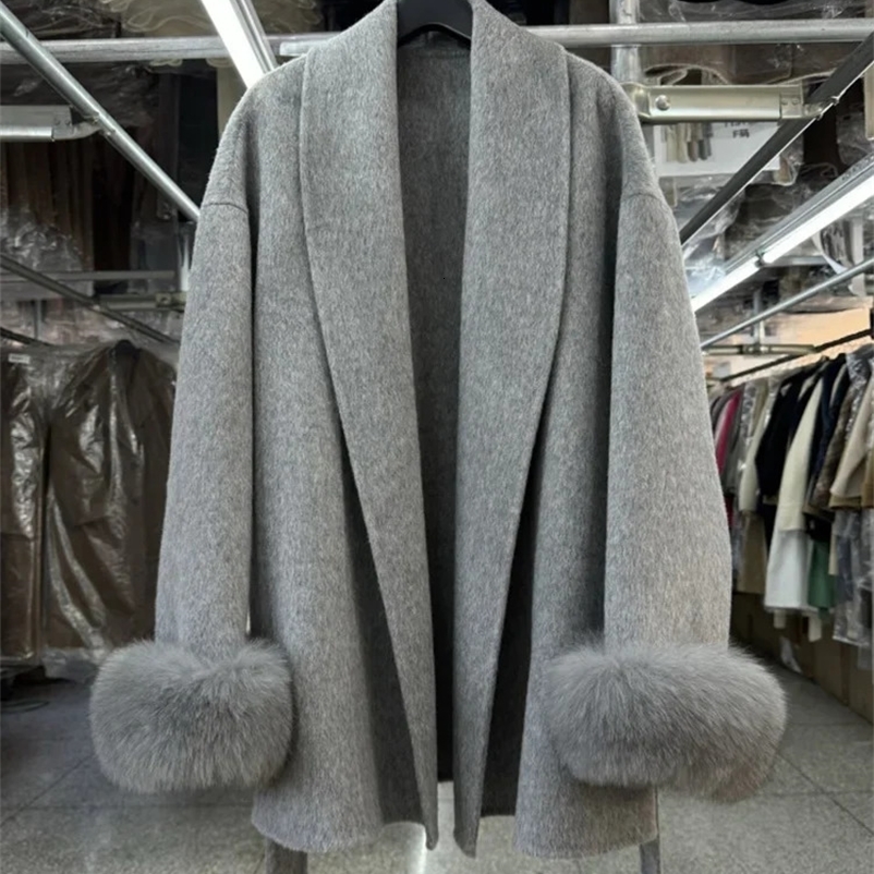 Natural Fox Fur Thick Double-sided Wool Coat Female Short Autumn Winter Loose Lace-up Woolen Coats Women Fashion Overcoats 250724