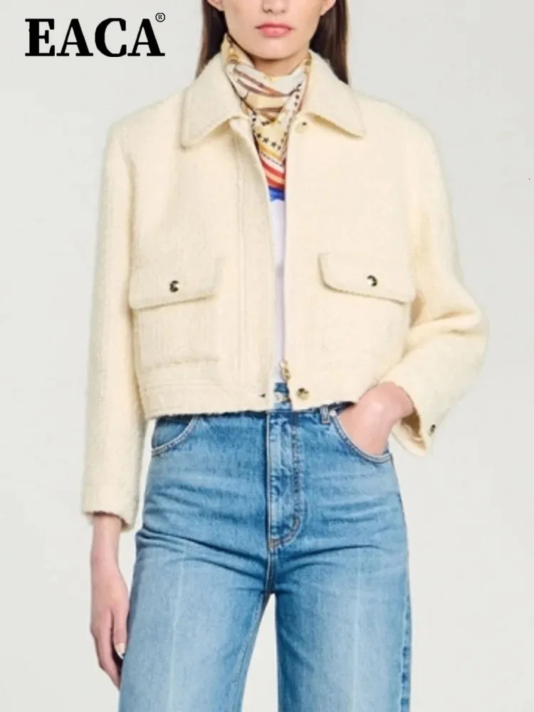 EACA Simple Temperament Autumn Winter Product Small Fragrant Woven Coarse Wool Solid Color Lapel Short Zipper Jacket 250731