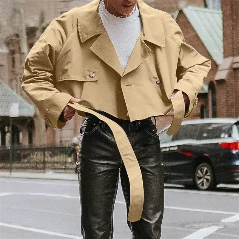 Mens Streetwear Jackets Solid Color Lapel Long Sleeve Loose Male Crop Coats Fashion Casual Retro Jackets With Belt 250724CJ