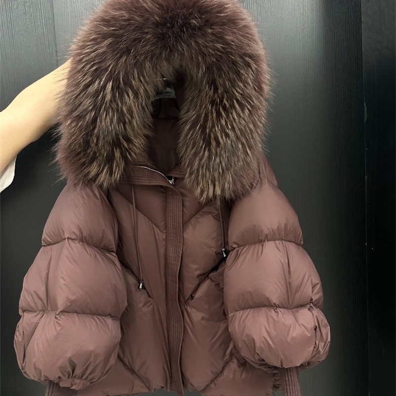 Winter Large Fur Hooded Puffer Jacket for Women Thick Warm Knitted Sleeve Coat White Duck Down Mid Long Parka 250724