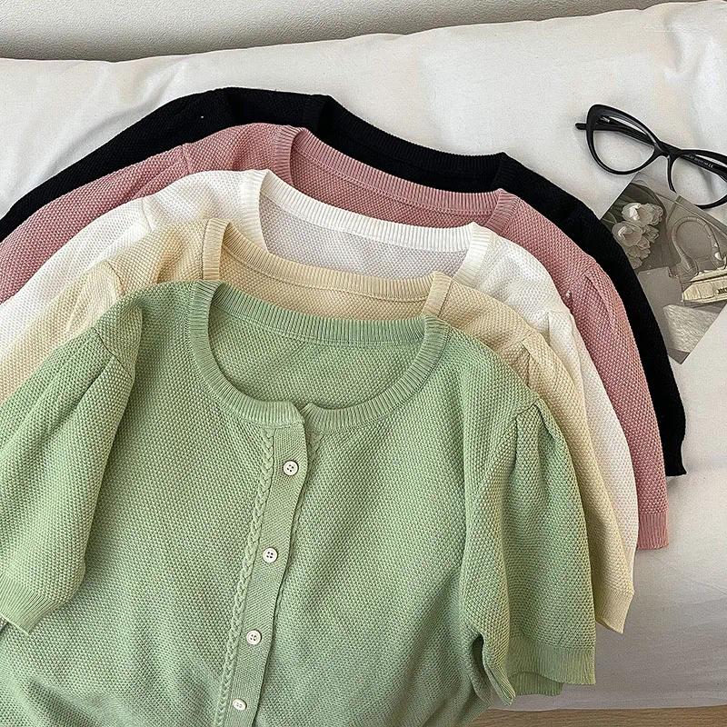 Women's Sweaters Pure Color Knitted Sweater Ort Sve Straight Tube Top Summer Sle Korean Version Low Round Ne Button Up Ca...