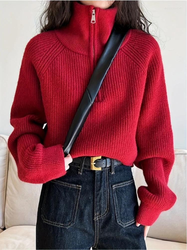Women's Sweaters Zjaiss Casual Comfortable Full Sleeve Top Loose Knitted Pullovers Half Zipper Autumn And Winter Turtleneck