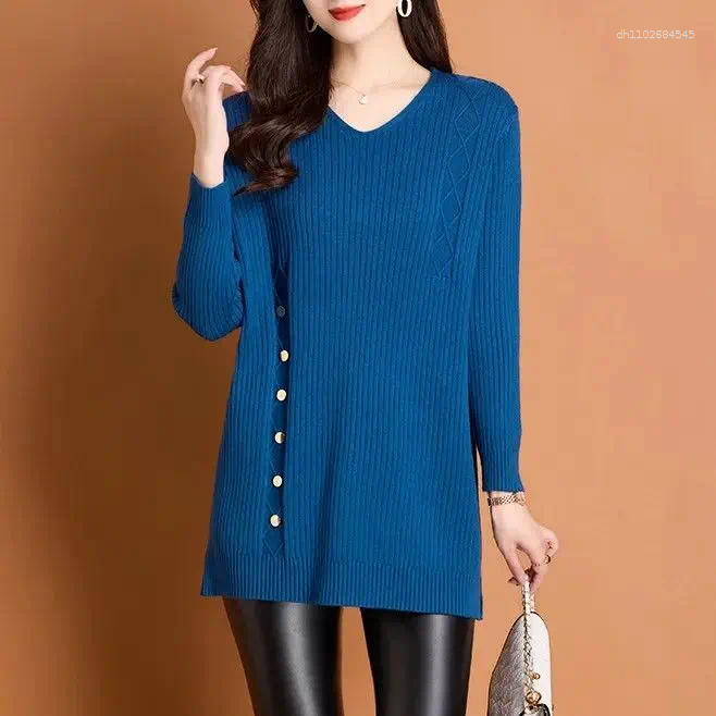 Women's Sweaters Loose Mid-length Style Plus Fat Size Autumn And Winter Base Top Fashionable Solid Color Sweater