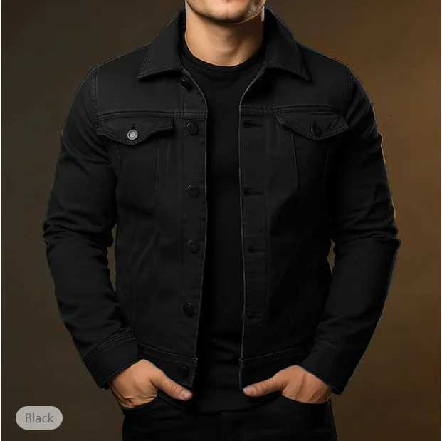Mens Denim Jacket Long Sleeve Turn-down Collar Button Closure Casual Jacket Outerwear XJ250801