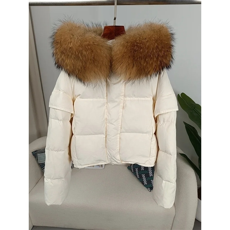 Autumn Winter Women Raccoon Fur Collar Hooded Detachable Sleeve Jacket Duck Down Loose Fashionable Streetwear Outerwear 250725