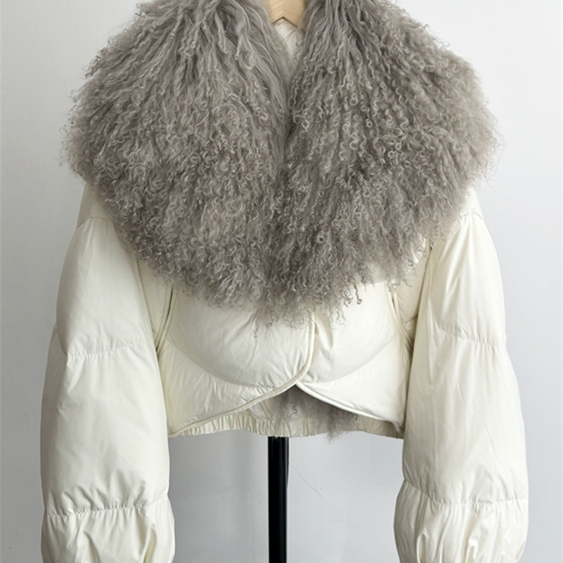 Winter Women Short Puffer Parka Duck Down Waterproof Jacket Female Mongolian Sheep Fur Collar Coat 250725
