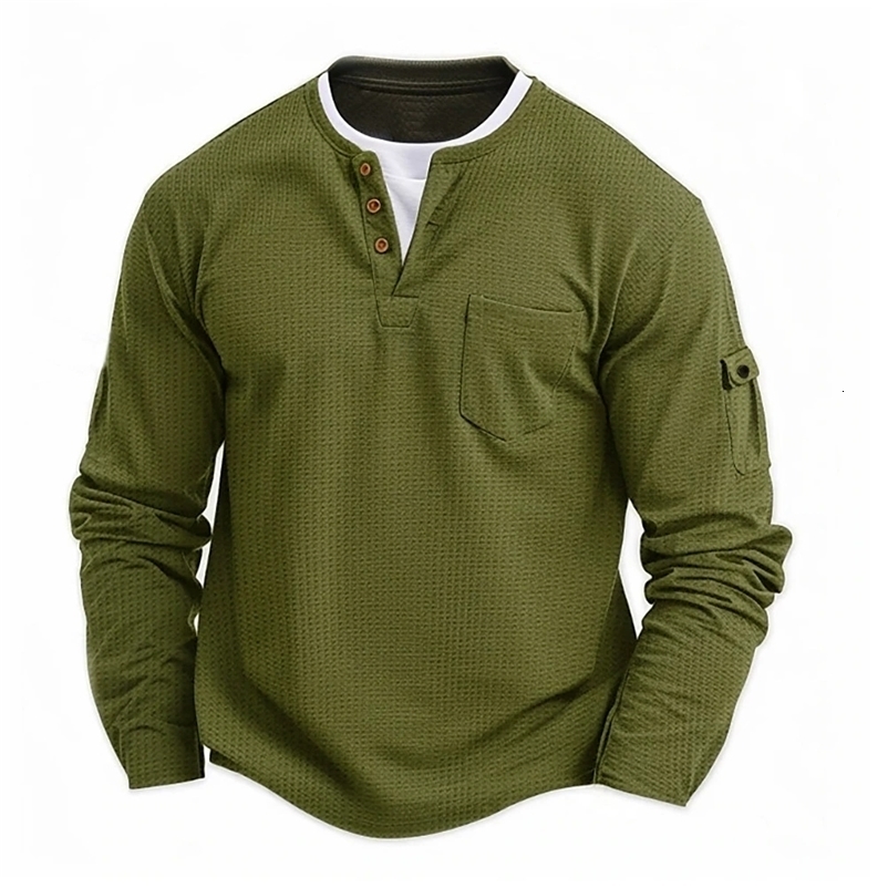Mens Button Henley Neck Shirt Long Sleeve Casual Button Solid Color T-Shirt Fashion Waffle Cotton Two-Piece T-Shirt 250724