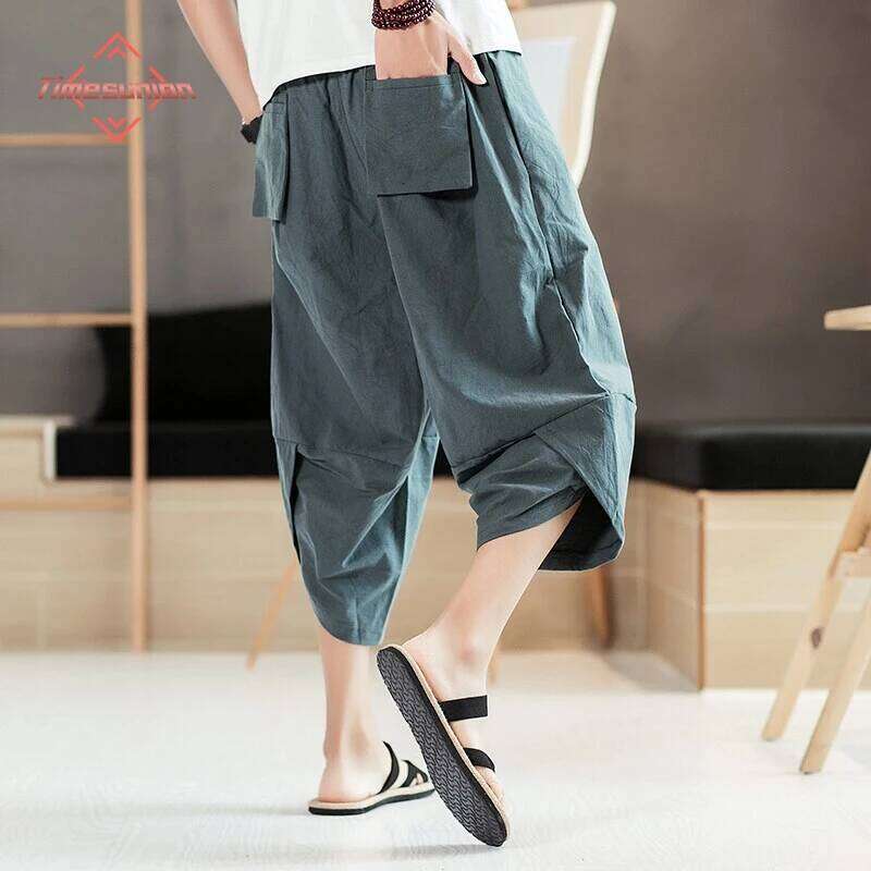 Designer Clothing 2025 Summer Haruku Calf Length Casual Wide Leg Cotton Linen Black Grey Harem Baggy Pants Fashion Men's Clothing