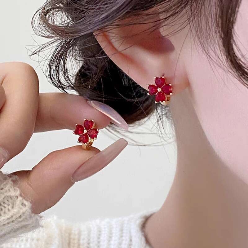 Red Zircon Flower Small Suitable New Year Niche Design Sense High-end Spring and Summer Earrings for Women
