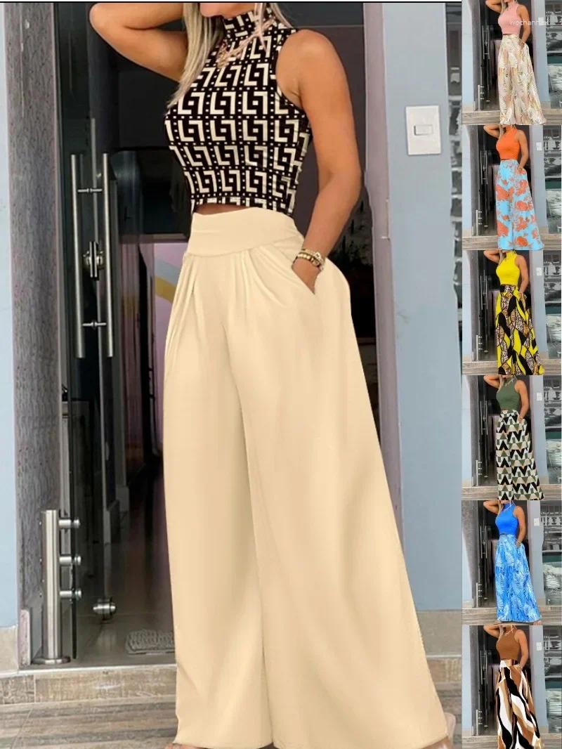 Women's Two Piece Pants 2025 2 Set Loose Wide Leg Overall High Waist Sleeveless Printed Fashion Casual Sets