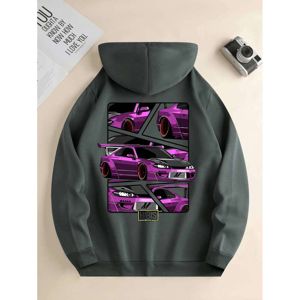 Men's New Fashion Hoodie, Casual Daily Drawstring Hooded Sweatshirt Car Print, Front Kangaroo Pocket, Men's Jacket