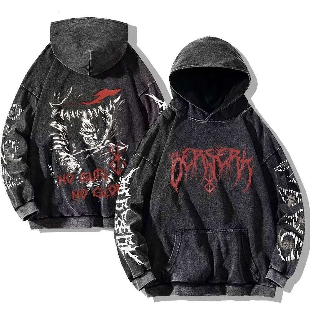 Mens Berserk Hoodies Gothic Print Vintage Washed Hip Hop Streetwear Cotton Sweatshirts Y2k Oversized Hoodie