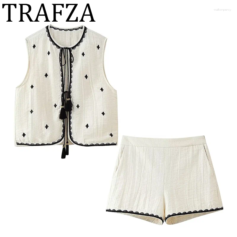 Women's Tracksuits TRAFZA Shorts Set Embroidered Tassel Bead Vest High-waist Two Pieces Summer Suit Sleeveless Top Woman Outfit
