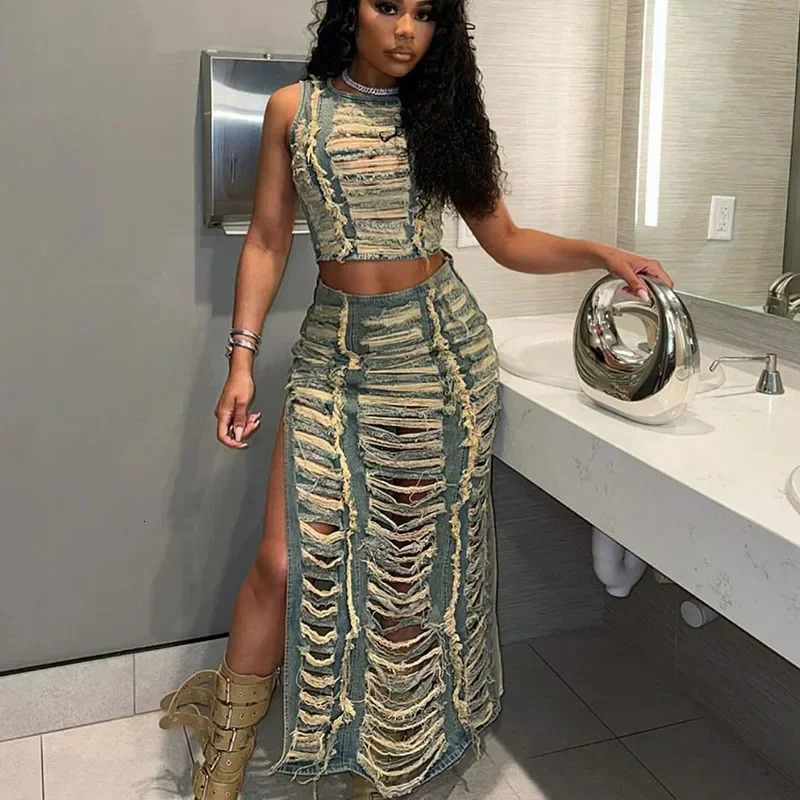 Streetwear Ripped Hole Denim Two Piece Set for Women Y2K Birthday Outfits Sleeveless Crop Top and Side Slit Long Skirt Sets Jeans 250725
