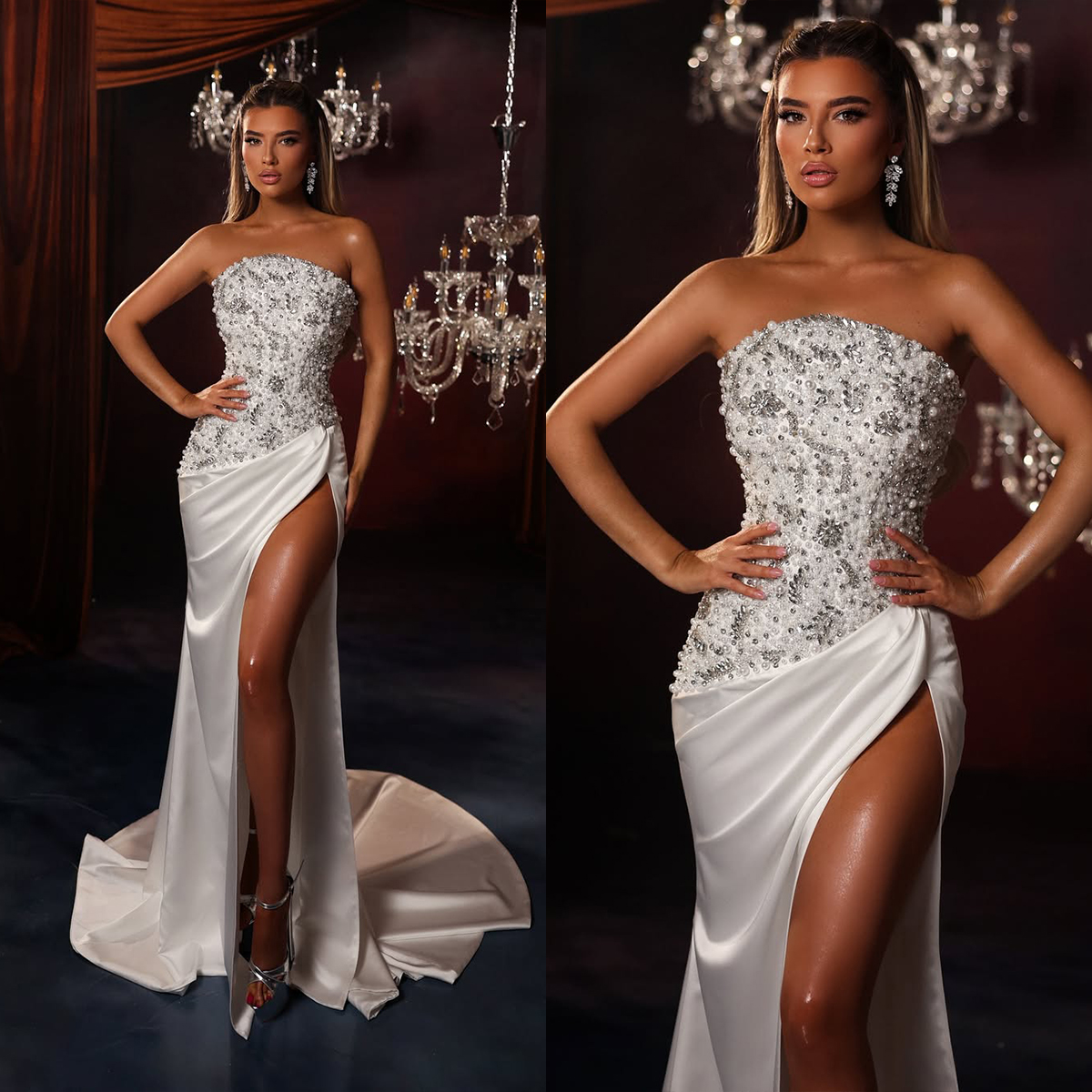 Fashion Strapless Wedding Dresses Pearls Rhinestone Bridal Gowns High Split Sleeveless Mermaid Customized Vestidos De Novia Plus Size