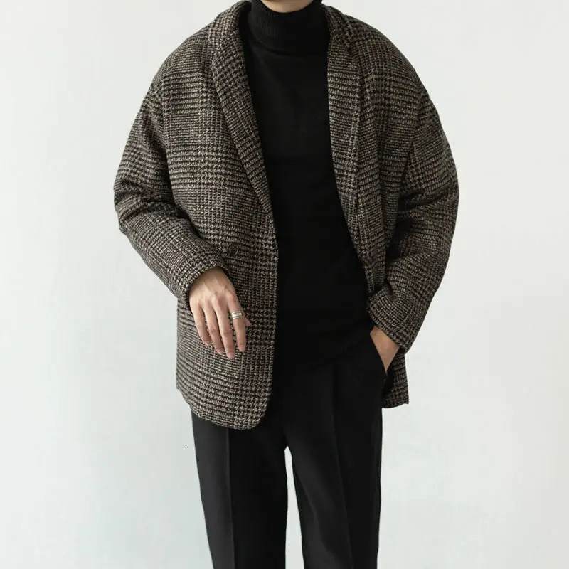 Retro Plaid Woolen Suit Jacket Mens Fashion Loose Casual Suits Coat Turndown Collar Double Breasted Pockets Long Sleeves Tops 250725