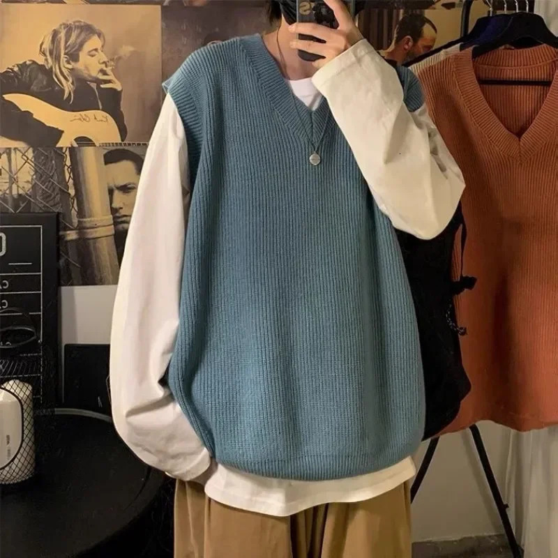 Knit Sweater Male Sleeveless Mens Clothing Plain Solid Color Waistcoat Vest V Neck Blue Plus Size Street Korean Fashion Jumpers 250724