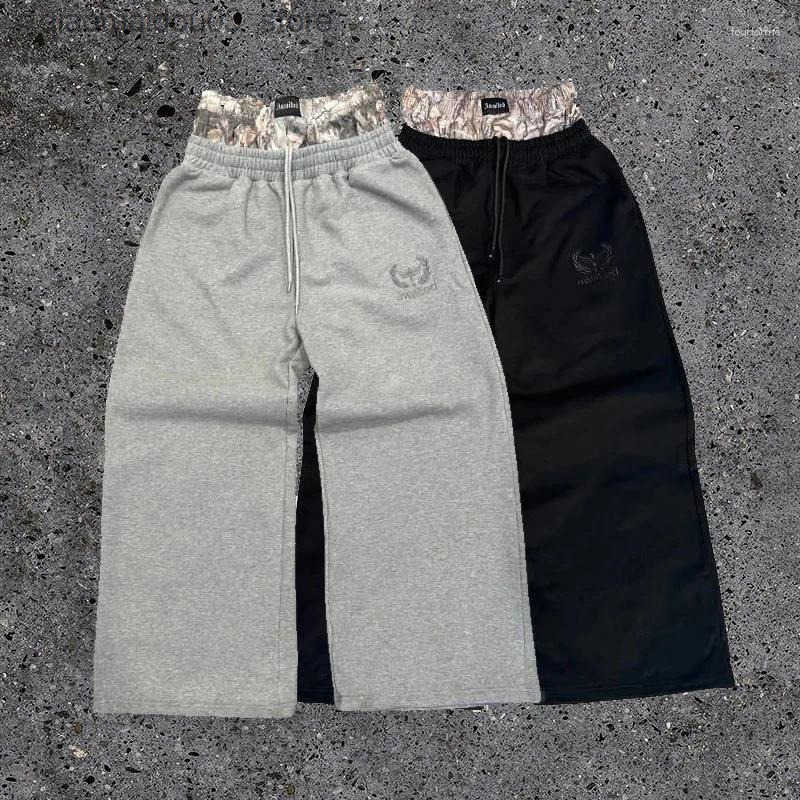 Streetwear Y2K Wide Leg Mens Pants Retro Double-Waisted Sweatpants with Embroidered Camouflage Pattern in Khaki Z250731