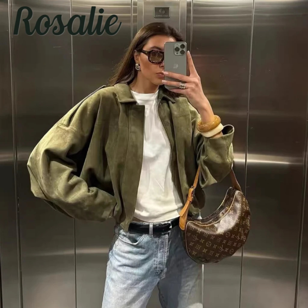 Fashion Street Suede Bomber Jacket Womens Stylish Vintage Lapel Zipper Bat Sleeve Female Coat Autumn Casual Commute Outfit 250725