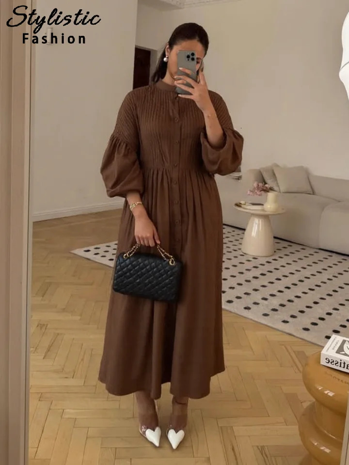 Casual Pleated Dresses Women Loose Solid Single Breasted O-neck Lantern Sleeve High Waist Long Dress 2025 Autumn Chic Robes Lady 250728