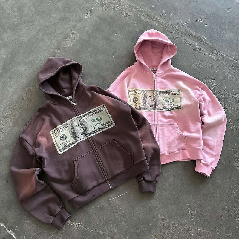 Y2k Men's Oversized Sweatshirt Haruku Dollar Print Zipper Hoodie Streetwear Gothic Hip Hop Pure