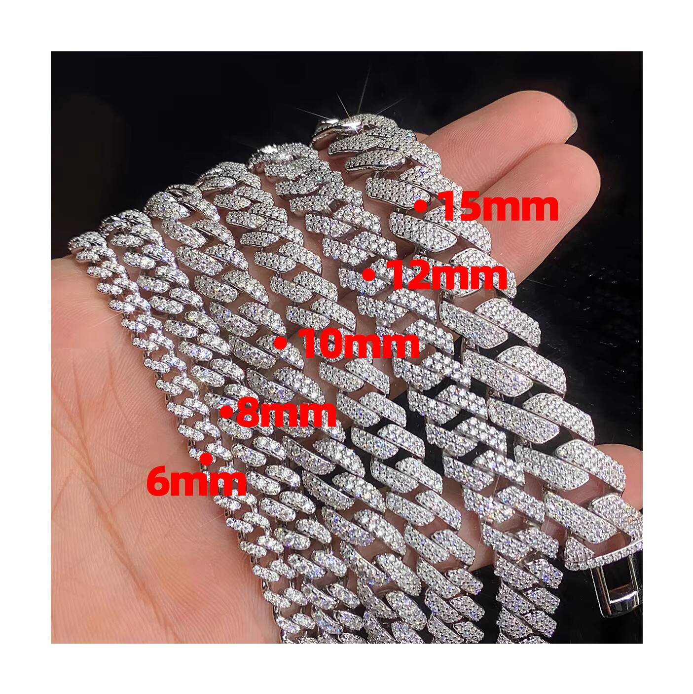 Custom 925 Sliver 6mm 8mm 10mm 12mm 15mm Hip Hop Iced Out Vvs Moissanite Diamond Link Cuban Chain Bracelet Necklace Rapper Men