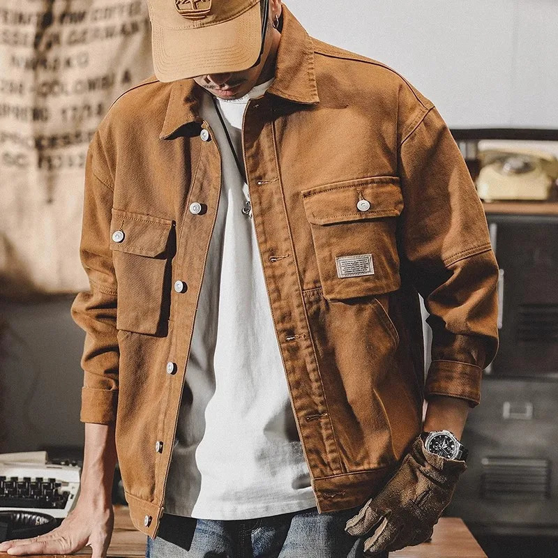 Denim Jackets Men Single Breasted Coat Cardigan Jacket Turn Down Collar Outerwear Long Sleeve Pockets Button Loose Casual 250731