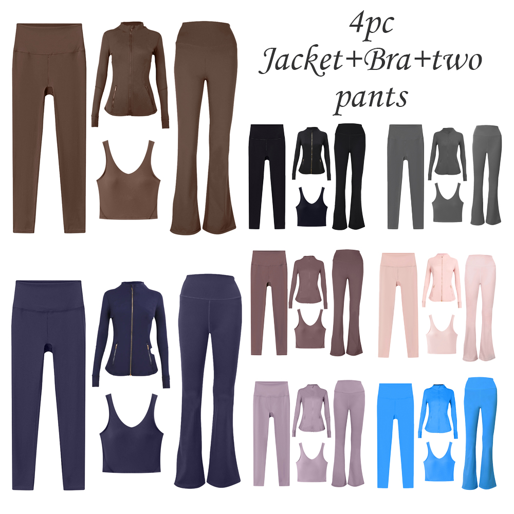 Fitness Yoga Set 4 Piece Quick Dry Breathable Jacket Bra Pants Elastic Workout Suit Multi-Color Sports Wear for Men Women Running Gear