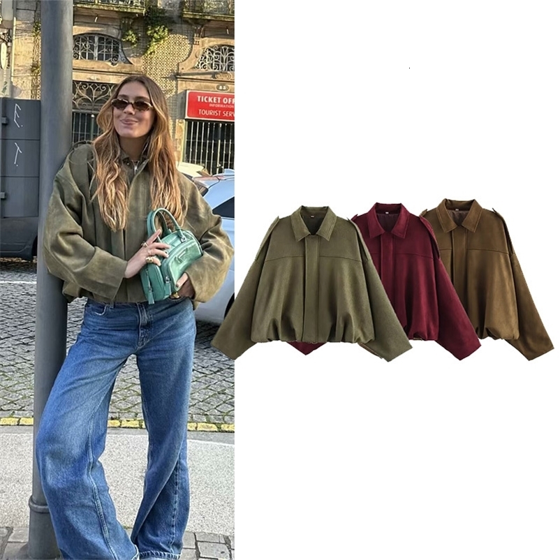 Brown Green Suede Jacket Women Lapel Zipper Long Sleeve Pockets Bomber Coat Spring Autumn Loose Motorcycle Outerwear 250724CJ