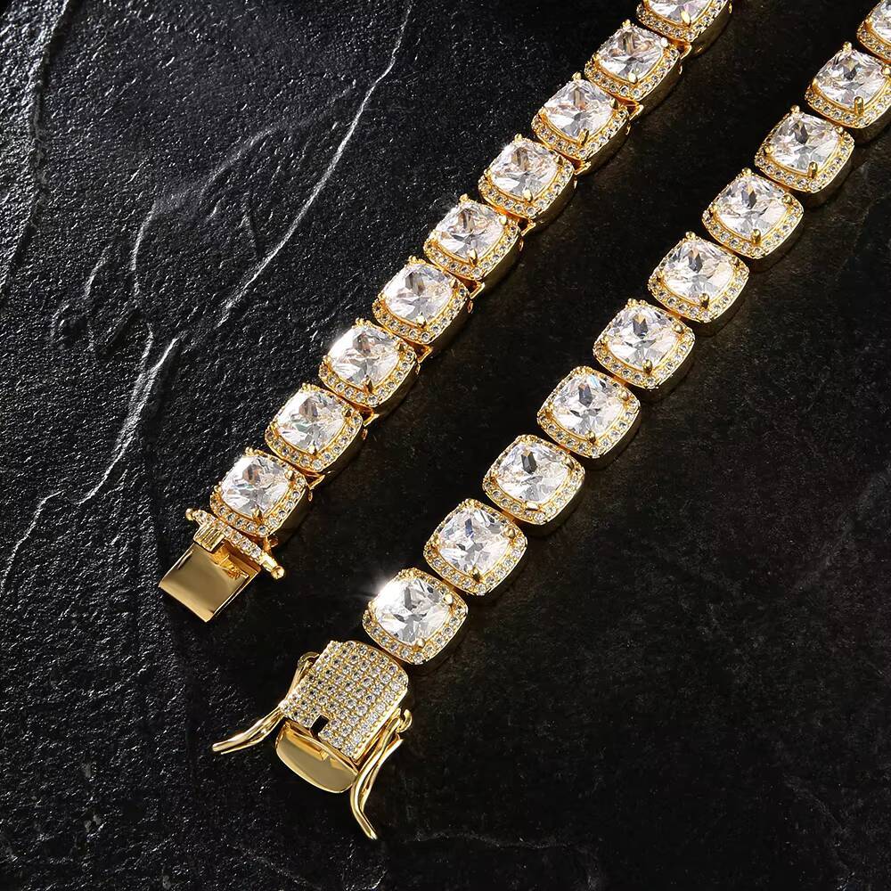 KRKC New Arrival Fashion Chains Iced Bling CZ Stone 18k Gold Plated Premium Square Huge Cubic Zirconia Tennis Necklace for Men