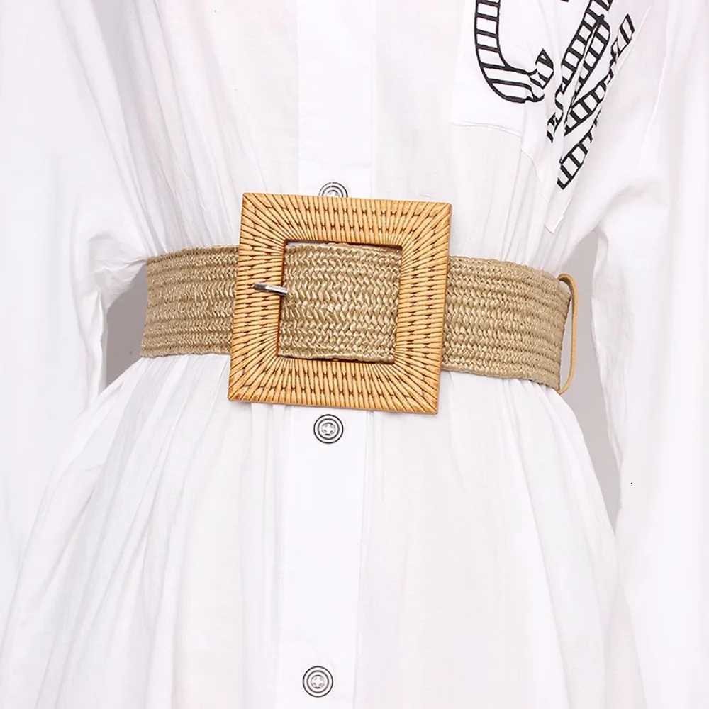 Spring Summer New Womens Beach Bohemian Elegant Square Buckle Grass Weaving Elastic Belt Beige and Black XJ250801