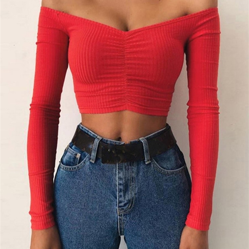 Women T-shirts sexy and club fashion womens long sleeve off shoulder solid color T-shirt autumn basic tees 250725