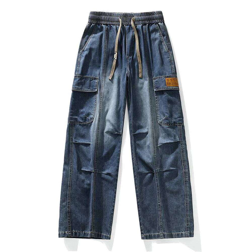 Designer Clothing 2025 Men's Summer Cargo Flap Pockets Wide Leg Denim Pants Lightweight Washed Cotton Straight Baggy Jeans Trousers