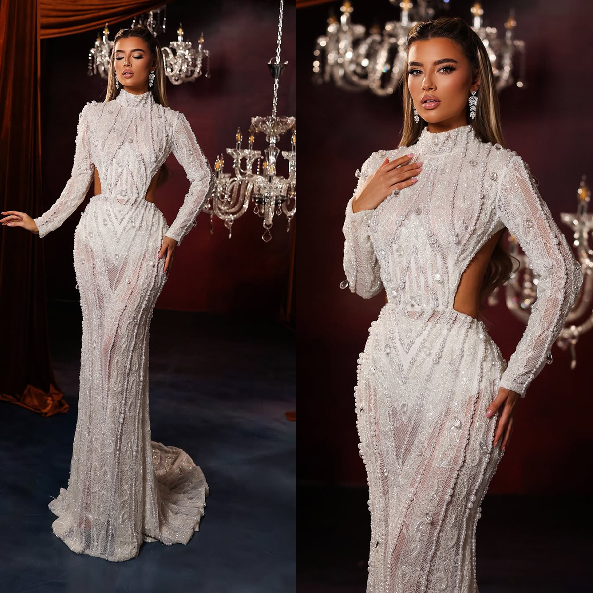 Vintage Wedding Dresses Pearls Bridal Gowns High Neck Lace Crystal Long Sleeves Illusion Mermaid Princess Customized Vestidos De Novia Plus Size