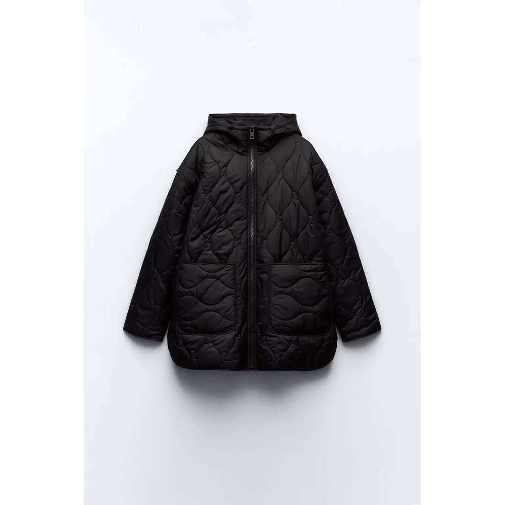 Designer Clothing 2025 Women's Quilted Water Spring New High Collar Long Sleeves Hem Side Vents Zip Hooded Jacket Coat Top