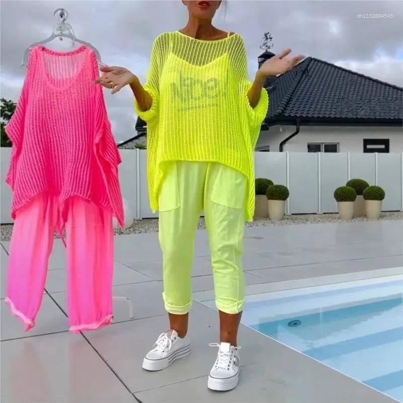 Women's Two Piece Pants Women O-neck Pullover Top Sleeveless Jumpsuit Sets Spring Summer Hollow Sweater Loose Outfit Fashion 2pcs Set