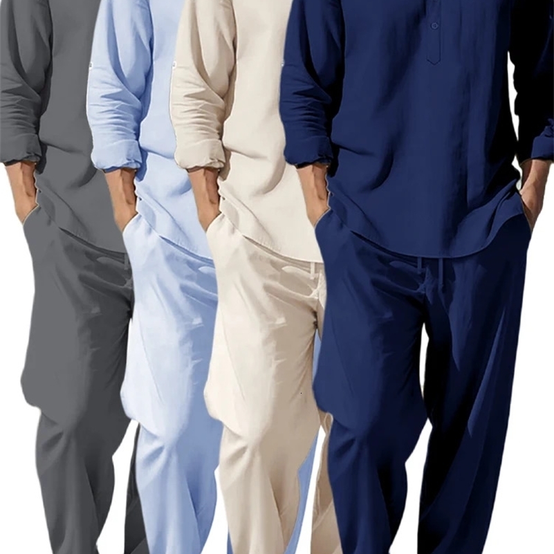2pcs Shirt Pants Set Long-sleeved Henry Shirt Trousers Suit Sense of Texture Vacation Light Breathable Draped Mens Clothing 250725CJ