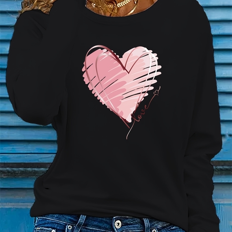 Heart Love Print Crew Neck T-shirt Casual Autumn Winter Top Womens Long Sleeve T-shirt Loose Comfortable Black White 250725