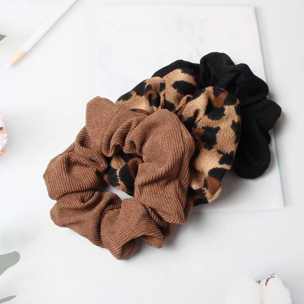 Leopard Print Scrunchie Cord Autumn Winter Corduroy Solid Scrunchies Set Elastic Hair Bands Animal Print Ponytail Hair Tie Rope 250729