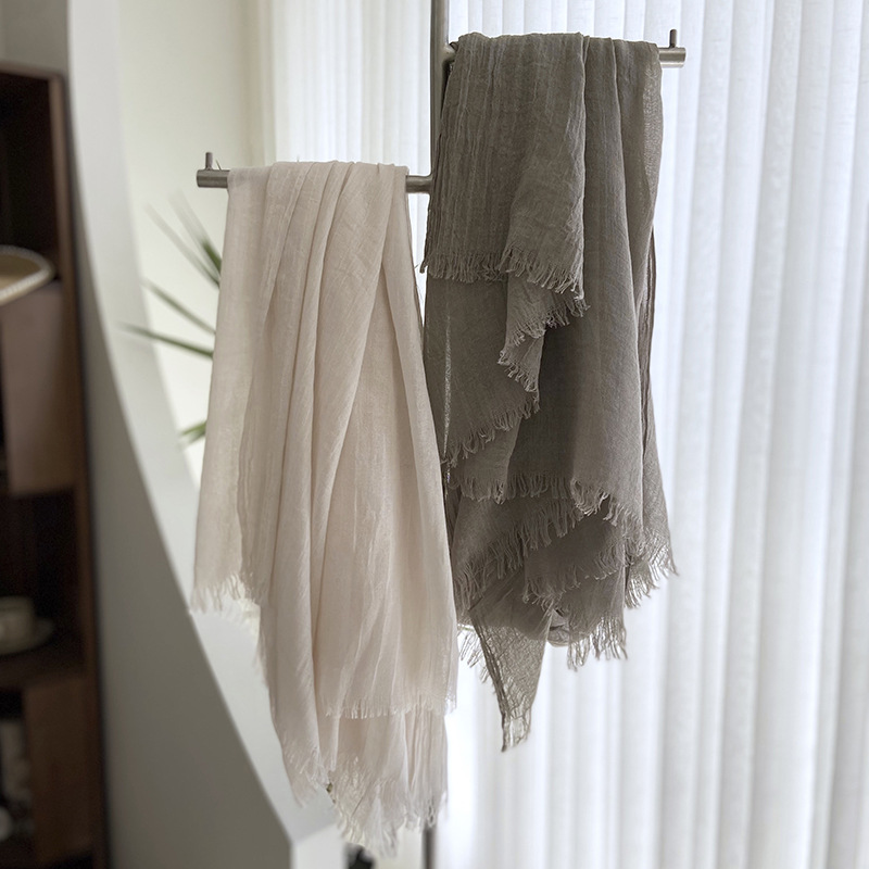 K1554 Cotton and linen solid color scarf women's summer sun protection medium long scarf Japanese and Korean literary beach long scarf travel n