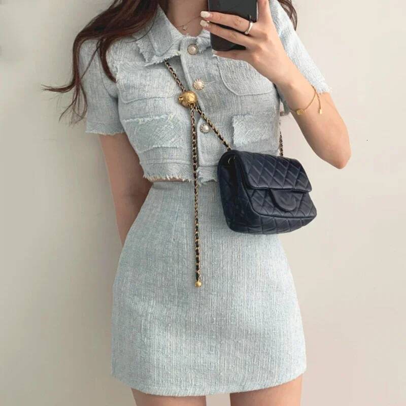 Korean Chic Turndown Collar Single Breasted Tassel Crop Coat + High Waist Hip Hing Mini Skirt Two Piece Sets Womens Outifits dongdumaoyi