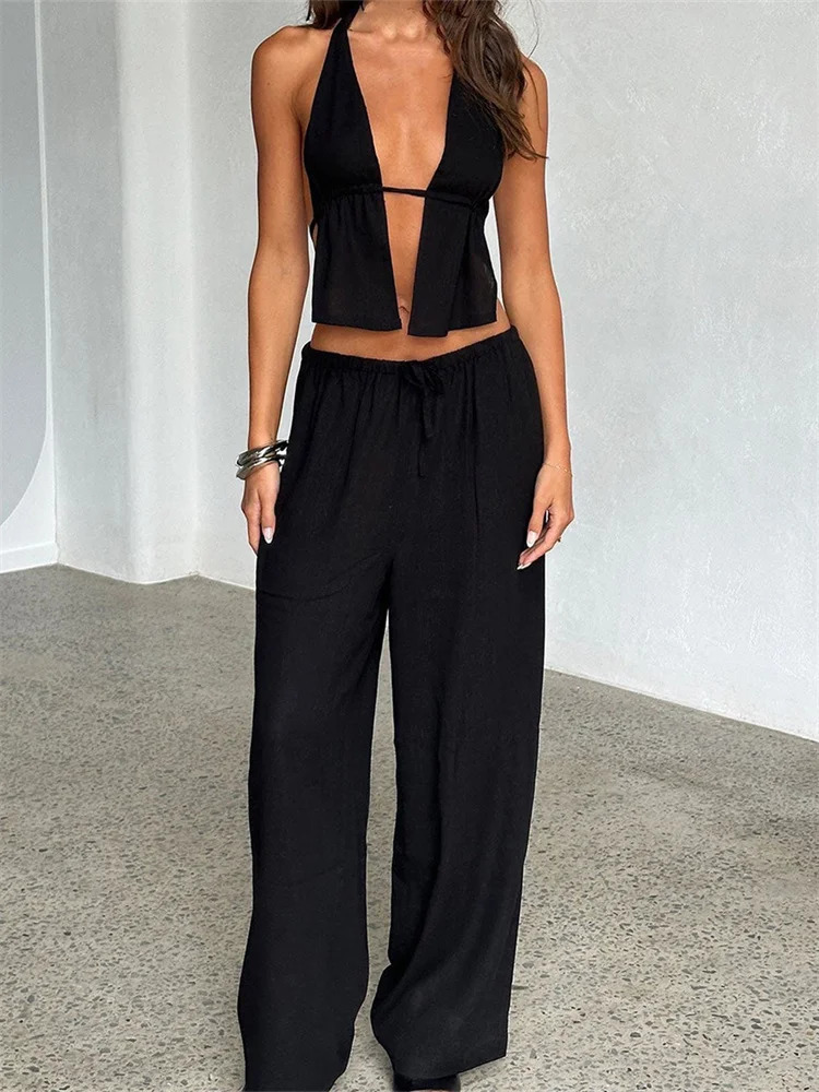 CHRONSTYLE Women Summer Pants Outfits StripedSolid Halter TieUp Backless Tank Tops WideLeg 2 Pieces Set Streetwear 2024 250724