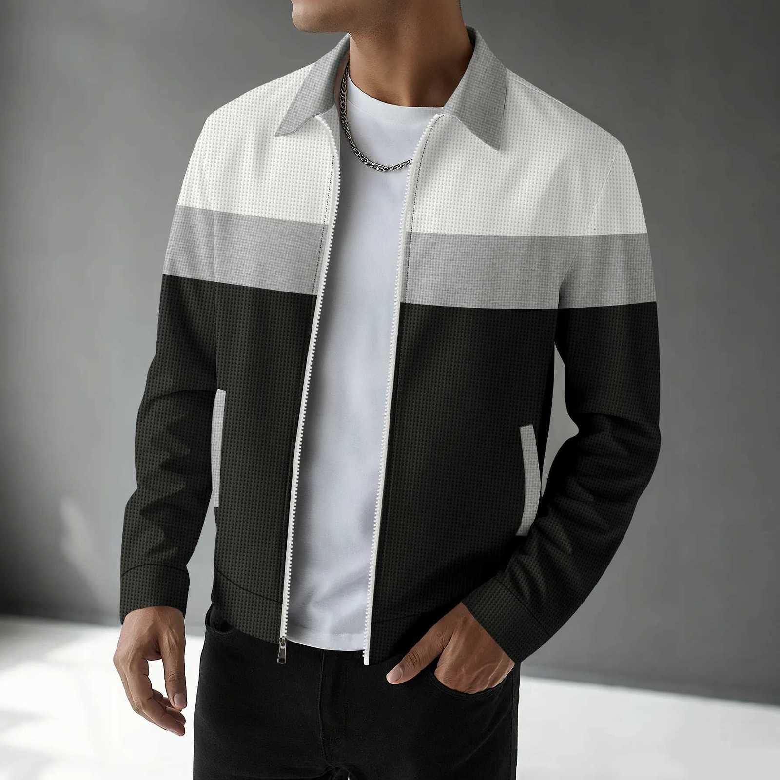 New Mens Spring-Autumn Coat Made of Casual Waffle Fabric Multi-Color Zipper Pocket Collarless Fitted Cardigan-Style Mens Jacket XJ250801