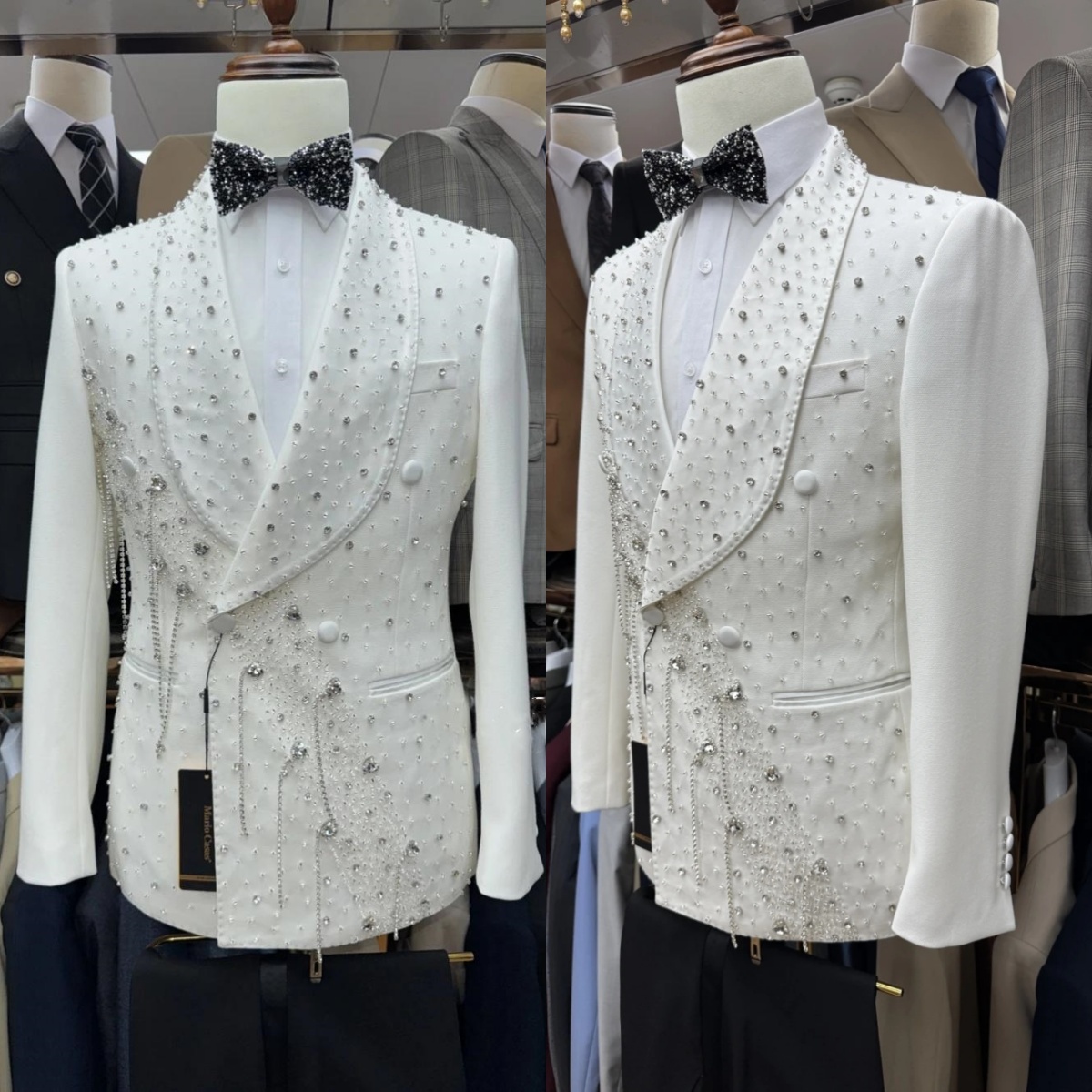 Handsome Men Suits Rhinestone Tailor-Made 2 Pieces Beaded Shawl Lapel Jacket Tassel Blazer Double Breasted Groom Customized Coat Pants Plus Size