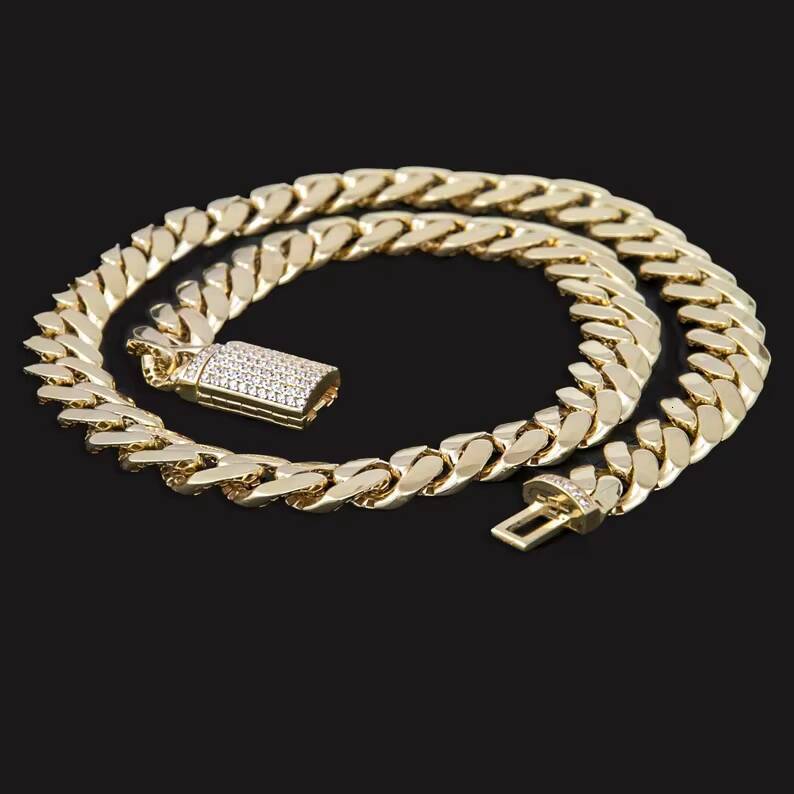 Miami Cuban Solid Link Chain For Mens 18k Gold Plated Moissanite Diamond Vintage Style Real Copper Alloy Fashion Jewelry