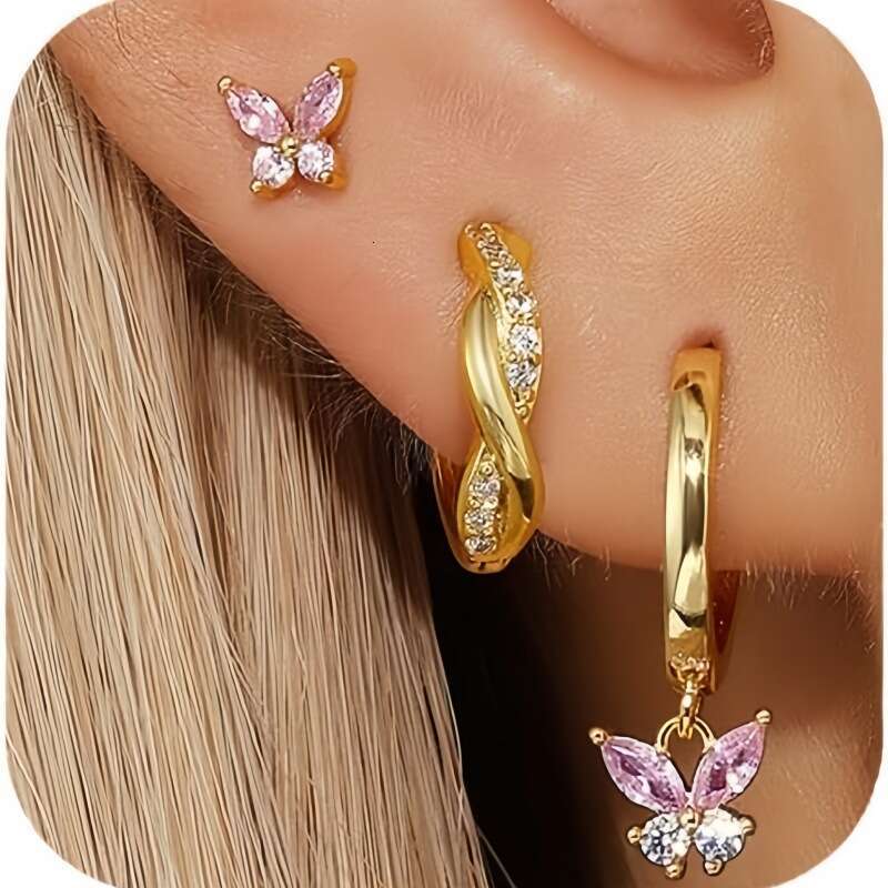 High-end Pink Butterfly Earrings Pendant Copper Gold-plated Versatile Three-piece Set