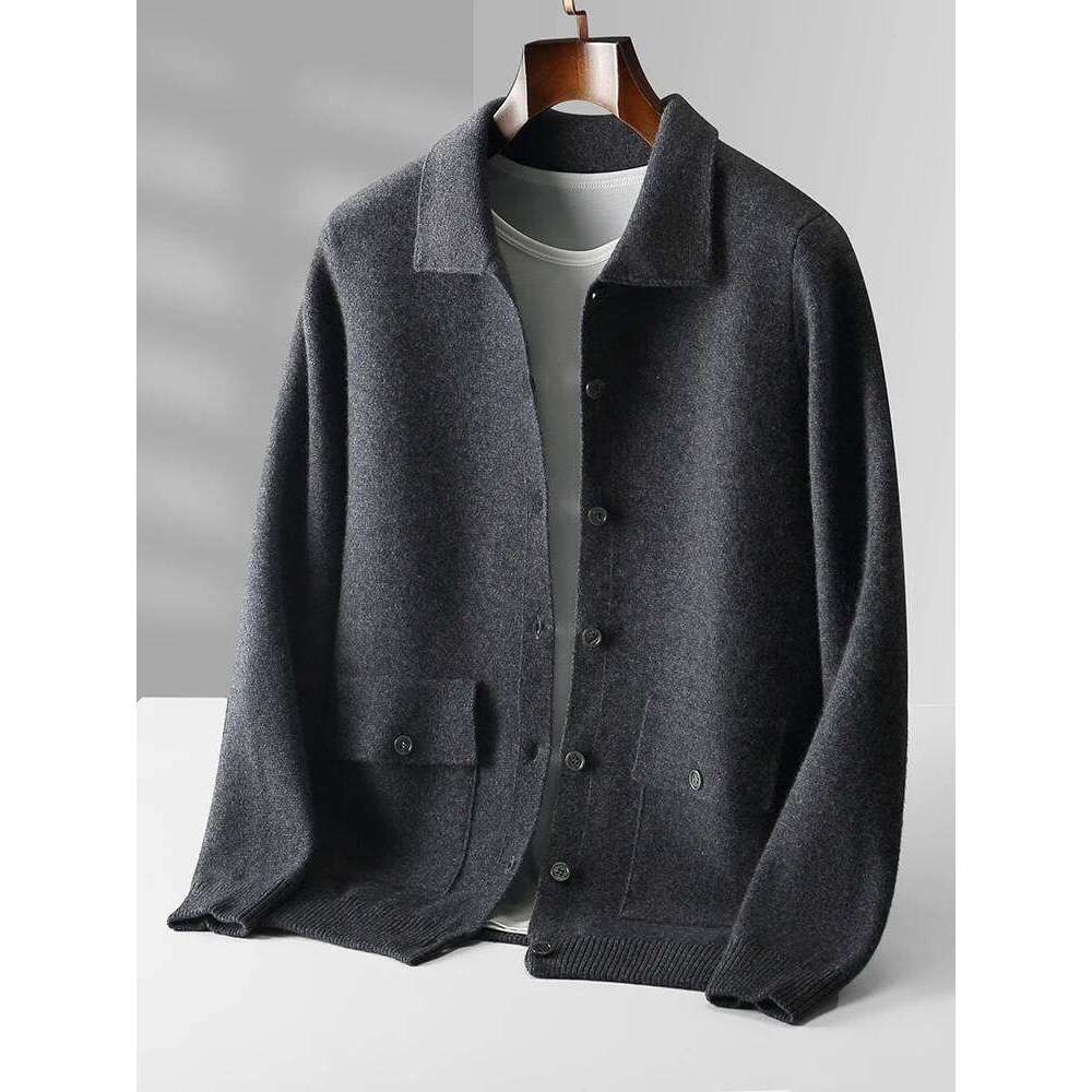 Spring Autumn 100% Merino Wool Knitwear Men Sweater High Quality Turndown Collar Single Breasted Solid Color Cardigan Soft Tops MDNG